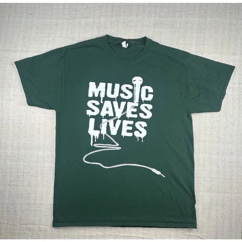 Music Saves Lives Men’s Size Large Graphic T Shirt Green And White Short Sleeve